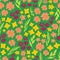 Spring flowers seamless vector repeat pattern. Hand drawn florals background green, yellow, pink. Scandinavian doodle flat ditsy