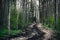 Spring in the forest. Muddy forest road made of tree branches. Lithuania