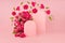 Spring fresh pink roses as arch with two empty rounded doors as podiums mockup with fly green leaves, buds as swirl.
