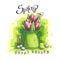 Spring. Funny cartoon leaves, flowers, flowerpot, easter eggs, candle, tulips