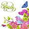 Spring garden background or greeting card. Natural illustration with blossom flower, robin birdie and butterfly