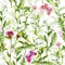 Spring garden: grass, flowers, butterflies. Vintage watercolor. Seamless pattern