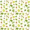 Spring garden leaves of pea, oxalis, beet, nasturtium, radish, basil, coriander seamless pattern.