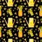 Spring garden seamless pattern. Yellow watering can and seedlings of oxalis.