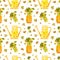 Spring garden seamless pattern. Yellow watering can and seedlings of oxalis.