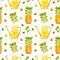 Spring garden seamless pattern. Yellow watering can and seedlings of pea.