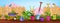 Spring garden, summer backyard vector nature illustration with flower pots, shovel, fence, birds, bushes.