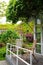 Spring garden in the yard. house entwined with ivy. wooden folding chairs