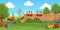 Spring gardening background. Cartoon village landscape with garden tools, spring panorama banner design farming planting