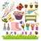 Spring gardening flowers and planting tools vector icons set