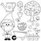 Spring gardening illustration set with garden gnome. Gardening equipment in springtime. Vector black and white coloring page.