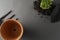 Spring gardening. Planting indoor plant. Succulent, cactus plant. Garden tools, flower pot, gray background with copy space