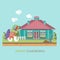 Spring gardening vector flat illustration in pastel colors with cute house