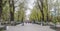 In the spring Gorky Park citizens walk and rest on the benches