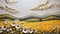 Spring Grass Sculpture: A Textural Mosaic Of Yellow Flowers And Clouds