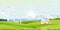 Spring green fields landscape with sun over mountain, blue sky and clouds background,Vector Rural natural with Solar panel wind