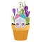 Spring Happy Easter design element, bunny in pot with grasses, crocus, snowdrop flowers and eggs.