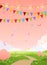 Spring holiday card background with copy space. Fairytale country with pink sky, trees and flags. Blank for birthday, invitation,