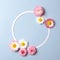 Spring holiday concept. Creative layout made of colorful flowers and blank circle-shaped paper card outline on pastel blue