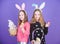 Spring holiday. Happy childhood. Easter day. Easter activities for children. Happy easter. Holiday bunny girls with long