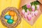 Spring holiday. Happy easter season. Easter is coming. Collecting easter eggs. Spring vibes. Colorful eggs and bouquet