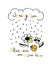 Spring Illustration with cloud, raindrops, flowers, ladybug and text. Spring phrase.