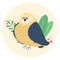 spring illustration of a cute bird among flowers and berries