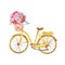 Spring illustration with watercolor yellow bicycle and pink flowers in a basket, isolated on white background.