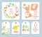 Spring illustrations set. Square easter cards, gift tags and labels.Wreath of Easter elements. Hare, egg hunter. Cute and modern