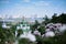 Spring Kyiv panorama. church, blooming lilac Ukraine