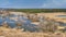 Spring landscape banner, panorama - spring flood in river valley of the Siverskyi Seversky Donets, the winding river over the me