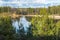 Spring landscape with a beautiful lake with fir trees and last snow against a cloudy sky