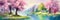 Spring landscape with blooming cherry trees, lake and boat. Digital panoramic painting. Generative AI