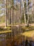 Spring landscape with a flooded picnic spot on the shore of the lake