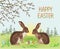 Spring landscape forest Easter hares and easter eggs in the grass with flowers vintage vector illustration editable