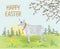 Spring landscape forest and Easter lamb on the meadow and willow with daffodil vintage vector illustration editable