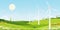 Spring landscape green fields with windmill on mountain,blue sky,cloud and sun,Vector cartoon Rural natural with Solar panel wind