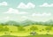 Spring landscape with green grass, hills, blue sky with clouds. Nature countryside background in flat cartoon style