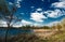 Spring landscape, lake, dead, grass, blue sky