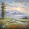 Spring landscape with a lake and mountains in the background. Digital painting.