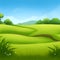 Spring landscape morning in valley with green meadow on hills, blue sky, Spring panorama grass land view , Countryside with green