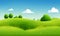 Spring landscape morning in valley with green meadow on hills, blue sky, Spring panorama grass land view , Countryside with green