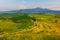 Spring landscape with pathway in the hills of Val d'Orcia