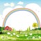 Spring landscape with rainbow,blue sky and clouds with raining, goats and sheep on green fields with copy space,Nature spring or