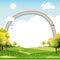 Spring landscape with rainbow,blue sky and clouds with raining,green fields with copy space,fresh and peaceful rural nature in