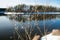 Spring landscape on the river Kymijoki and pussy willow branches, Kouvola, Finland