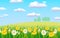 Spring landscape rural countryside, blooming daisies dandelions, rural nature. Panorama springtime green fields, blue