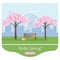 Spring landscape with sakura tree blossom, bench, hat, basket and city. Vector illustration in flat style. Sakura picnic