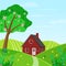 Spring landscape with tree, flowers, house. Seasonal countryside landscape.
