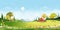 Spring landscape in village with green field, flower and butterfly meadow on hills with blue sky, Vector cartoon sunny day Summer